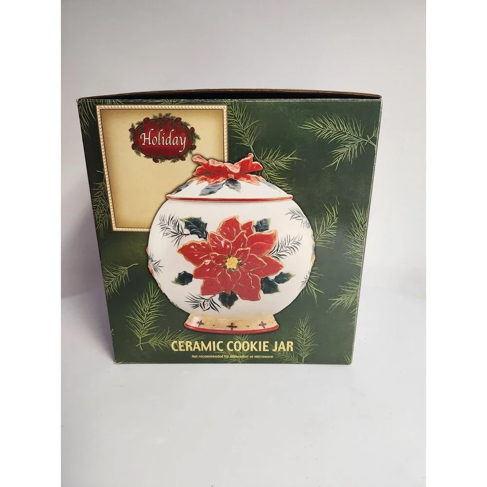 Vintage BICO Christmas 3D POINSETTIA Centerpiece COOKIE JAR 9